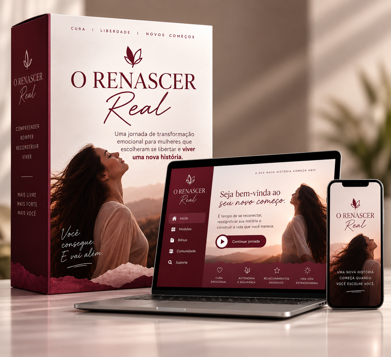 Kit do programa Renascer Real: caixa do produto, notebook e celular exibindo a plataforma